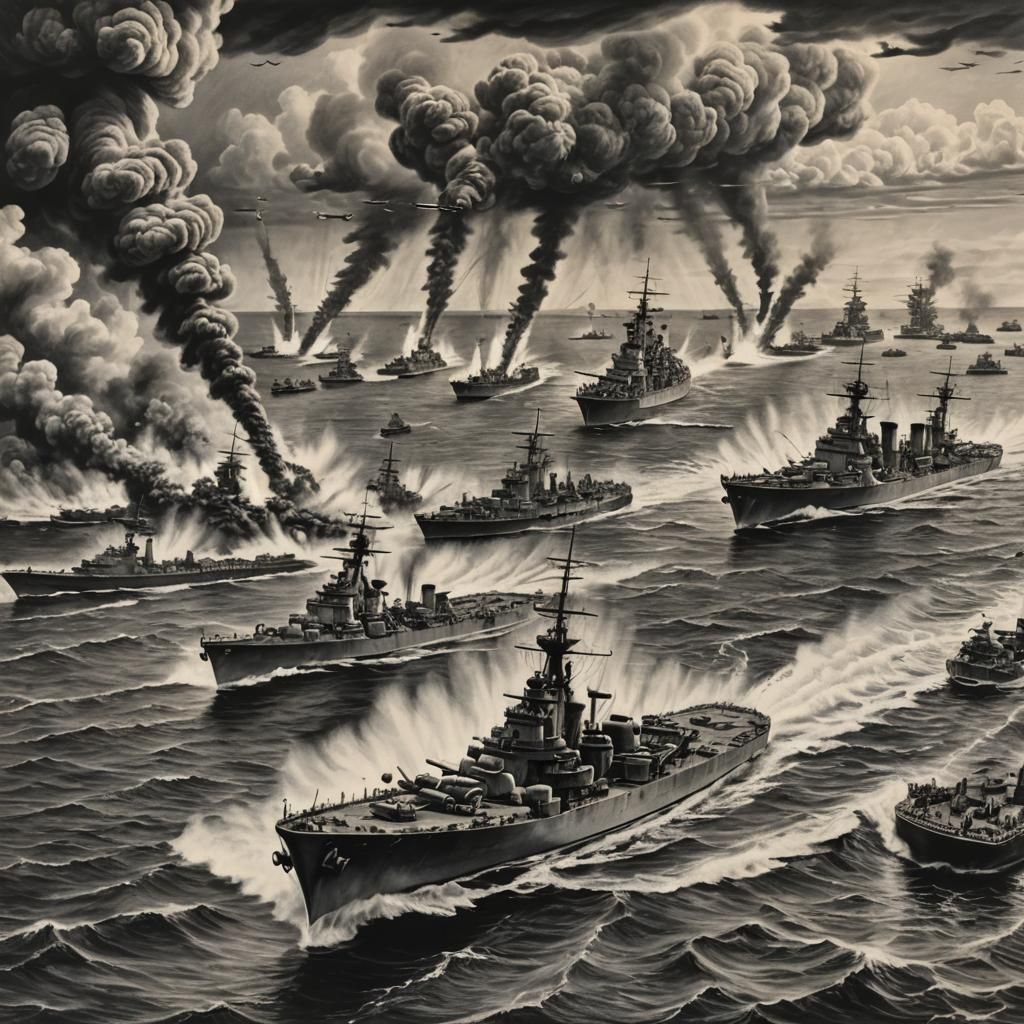WWII Naval Battle in Hyperdetailed Charcoal