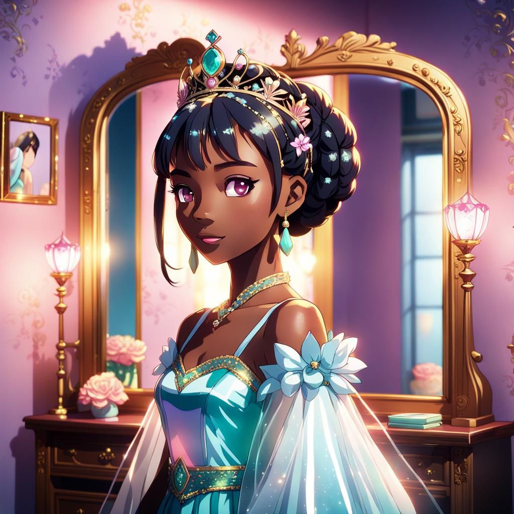 Confident Black Girl with Tiara: Anime Key Visual