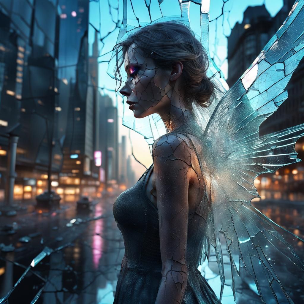 Cracked Glass Fairy with Neon Cityscape