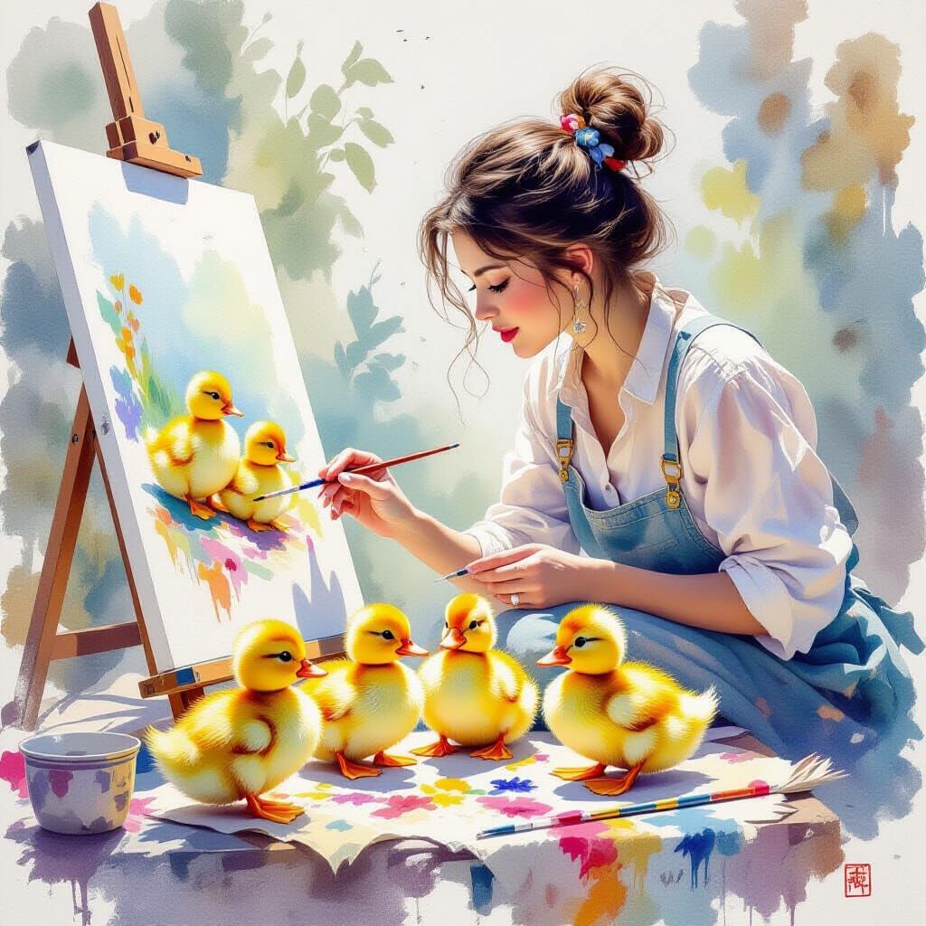 Ducklings in Watercolor Style