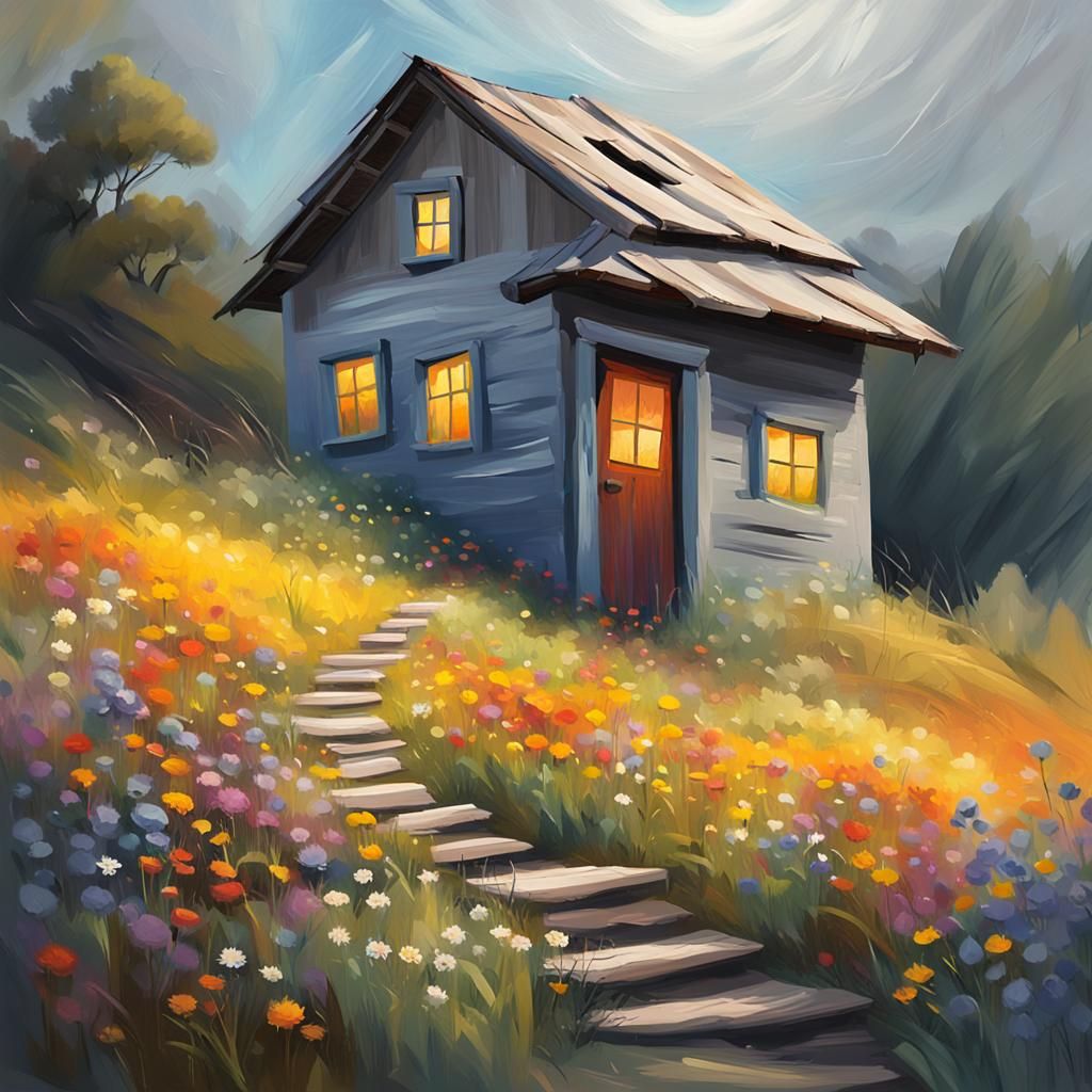 Hillside Home in Fauvist Oil Paint Style