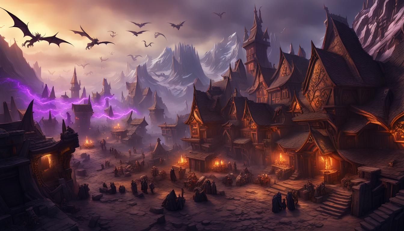 Dark Fantasy Dwarven Village with Dragons