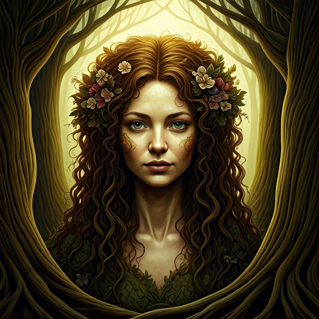 Mystical Dryad in Ancient Forest, Ethereal Illustration