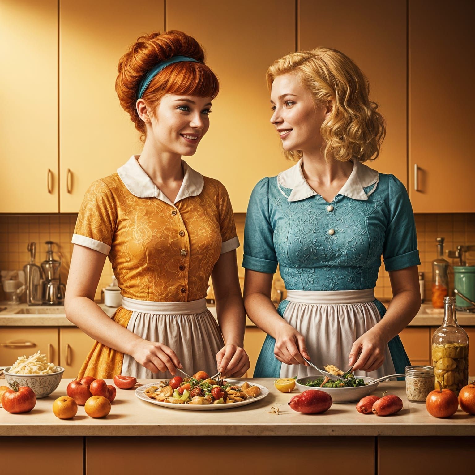 Hyperrealistic 1960s Housewives Preparing Dinner