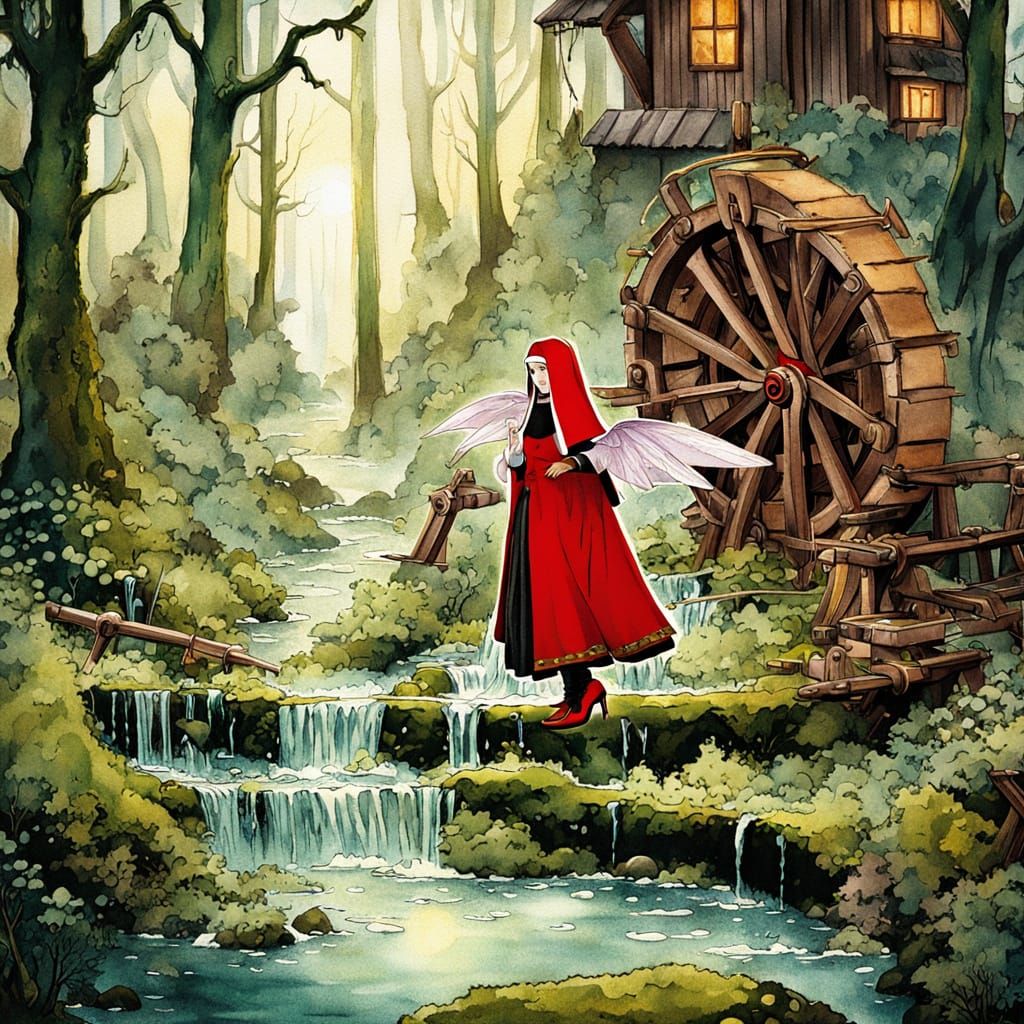Whimsical Waterwheel in Enchanted Forest with a Red Nun