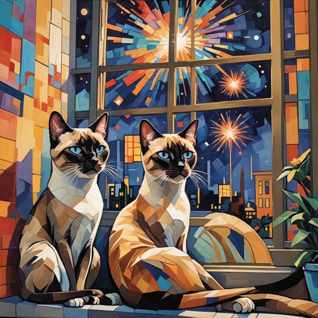 Siamese Cats Watching Fireworks in Cubist Style