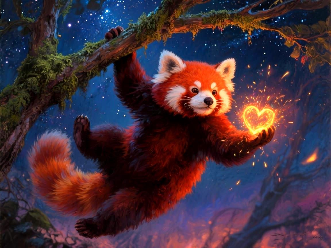 Red Panda Holds Glowing Heart on Mossy Branch