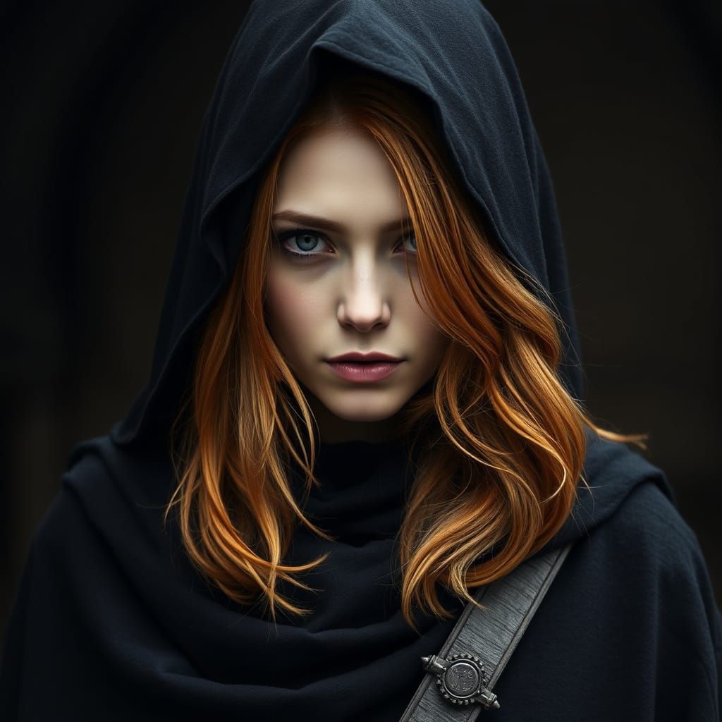 Medieval Assassin in Ebony Cloak with Ginger Locks