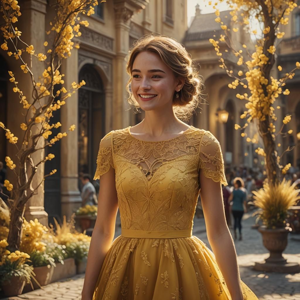 Girl in Yellow Dress Smiling: Cinematic Digital Art