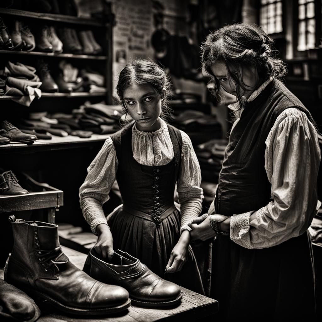 1830s Drapers Shop Scene with Girl Trying Boots