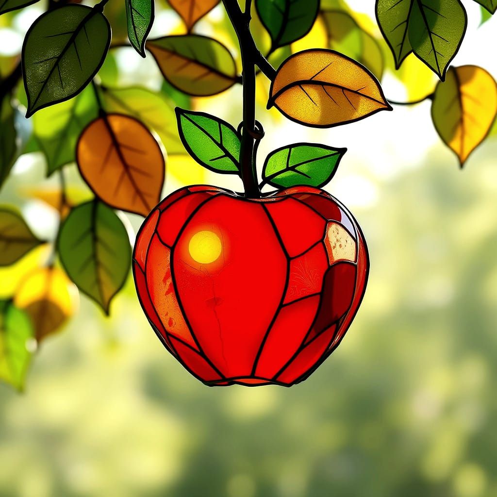 Stained Glass Apple on Tree: 3D Hyperreal