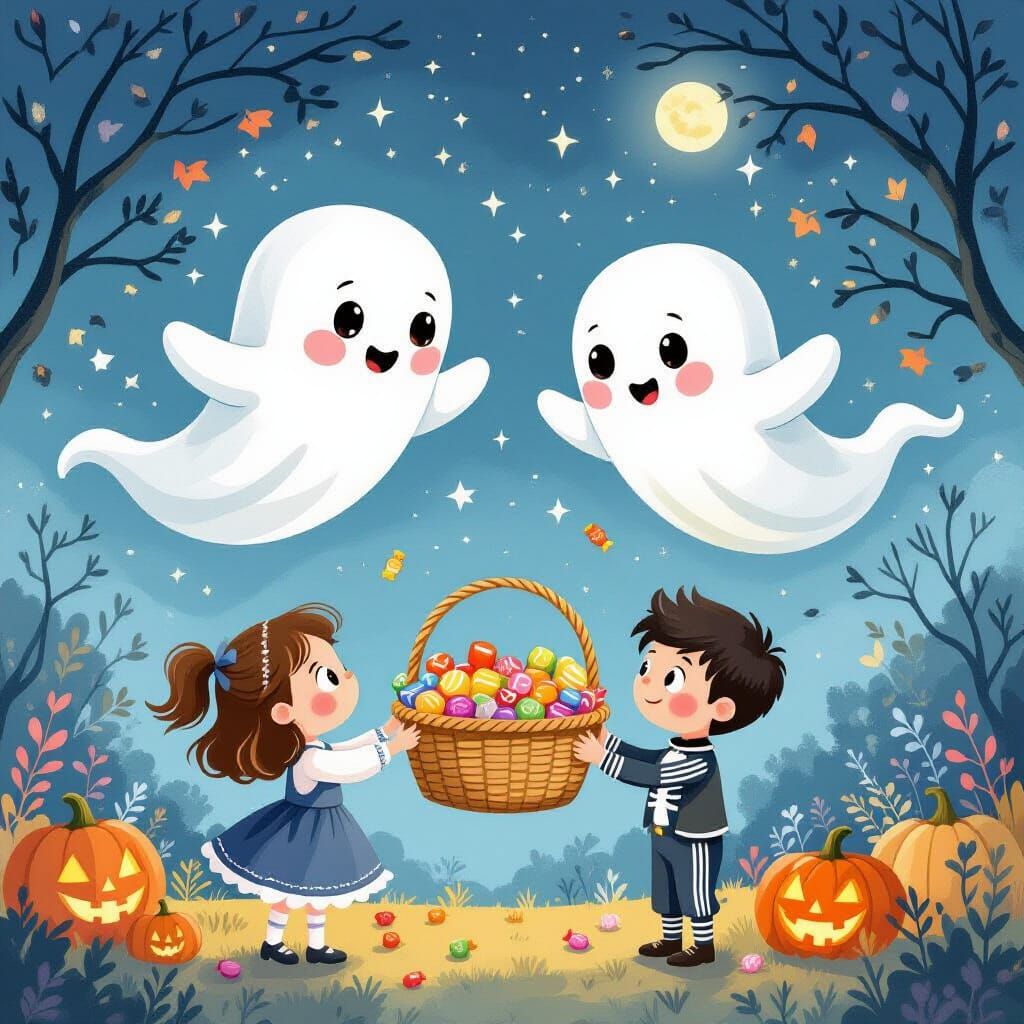 Whimsical Halloween Scene With Friendly Ghosts and Costumed ...