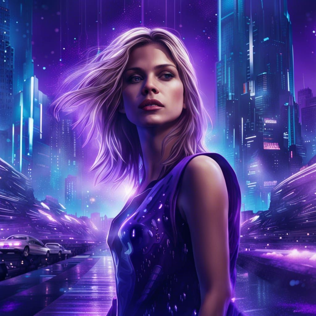 Futuristic City in Purple and Blue, Detailed Splash Art