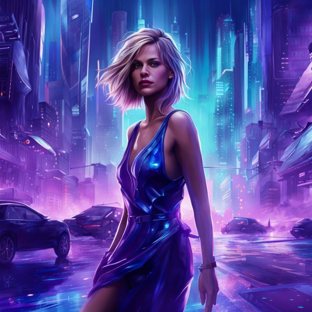Futuristic City in Purple and Blue Splash Art