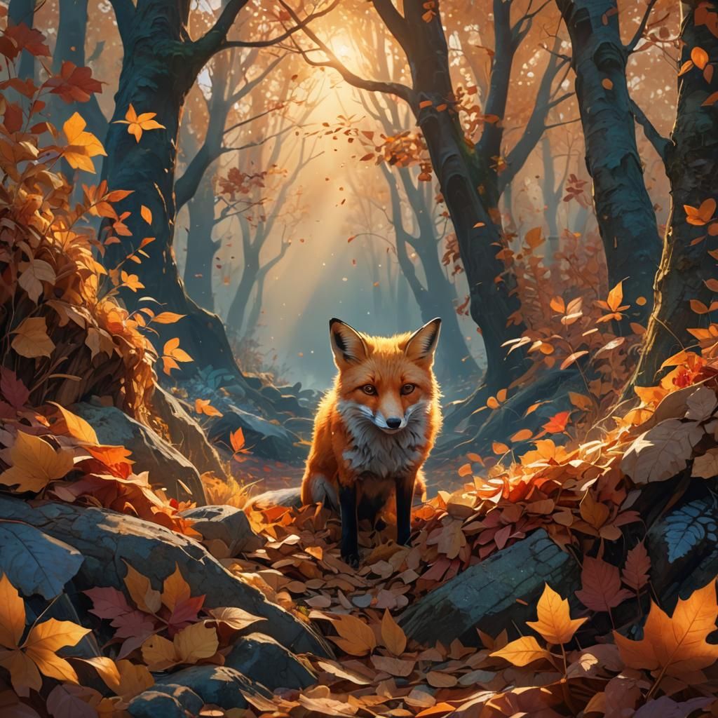Red Fox Peeks Out in Autumnal Fantasy World