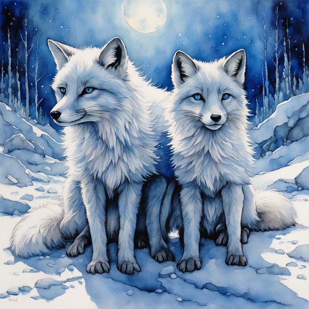 "Two" majestic arctic foxes both with :Bright Blue Eyes: :shimmering snowy landscape" :Their thick brilliant "snow white...