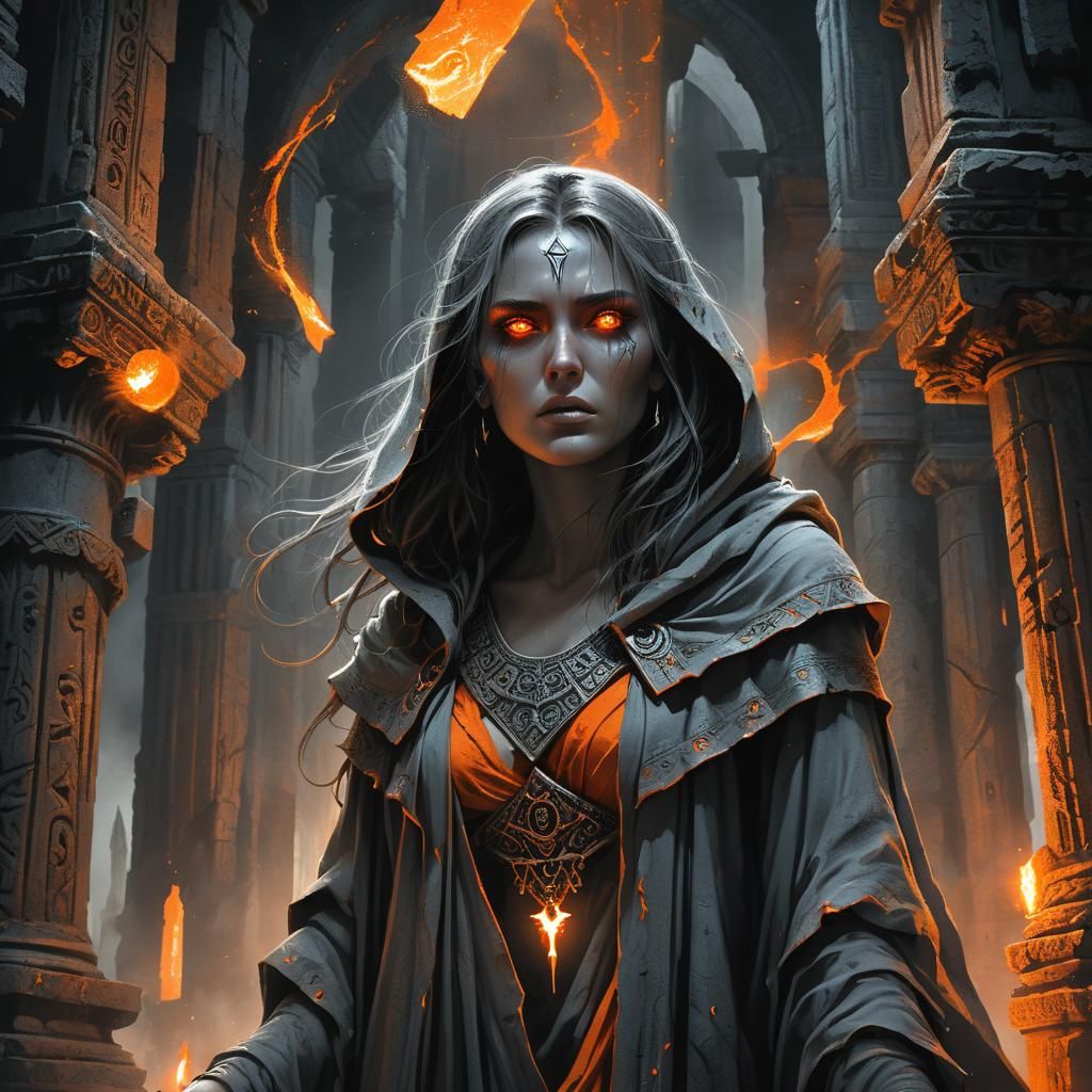 Sorceress Summons Magic in Dark Temple, Fantasy Art