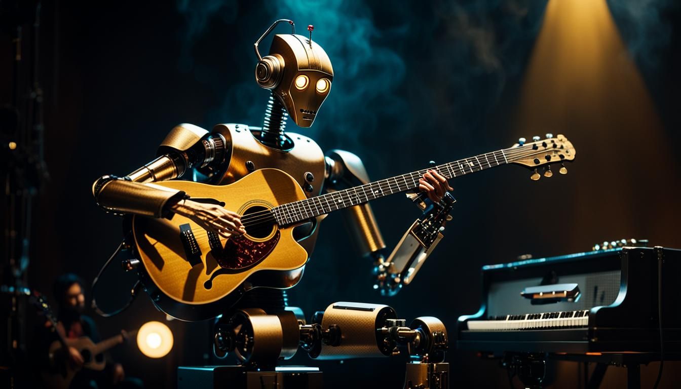 Robot Musician on Stage in Cinematic Lighting
