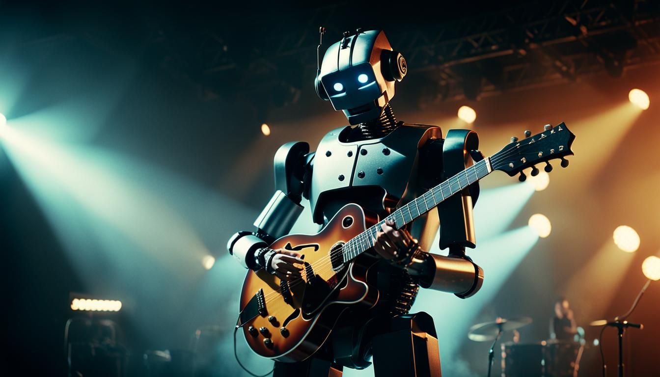 Robot Musician on Stage: Cinematic Film Still