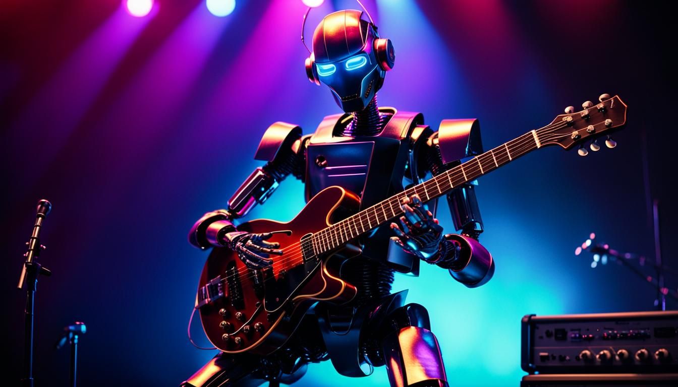 Robot Guitarist in a Neon-Lit Industrial Stage