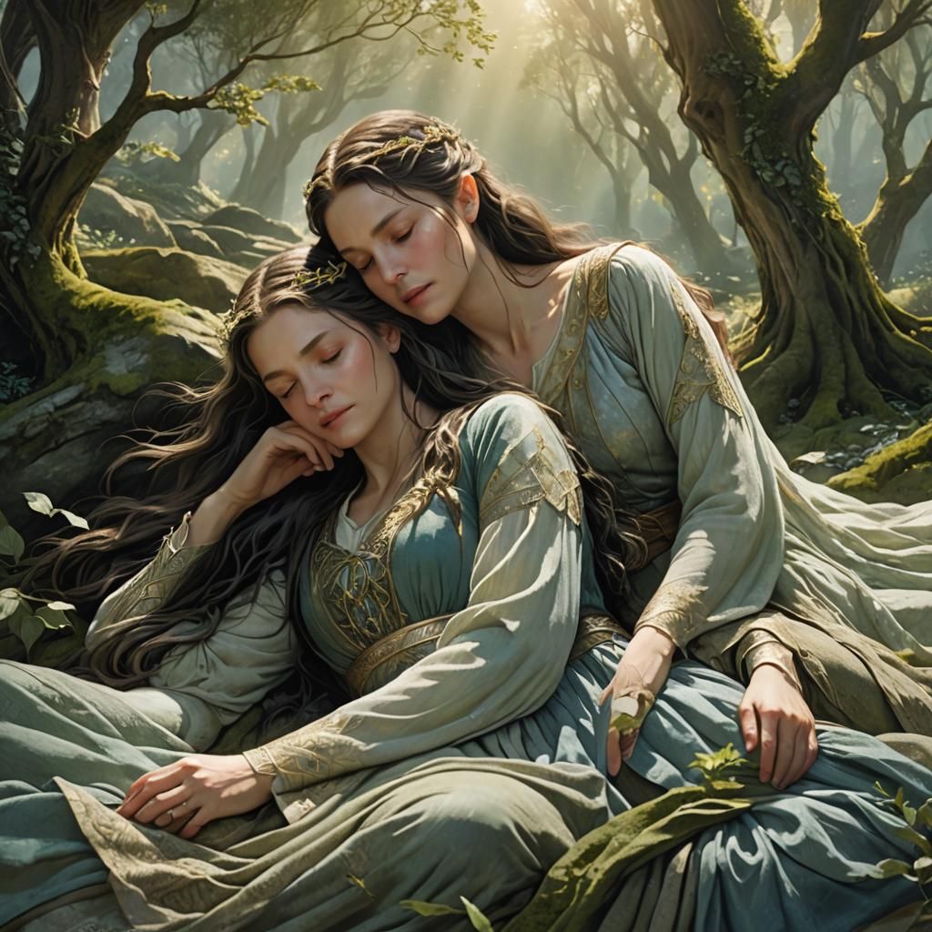 Arwen and Galadriel Sleeping in Peaceful Landscape