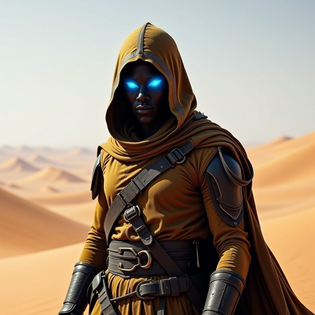 Fremen Warrior in Desert Stillsuit with Glowing Eyes