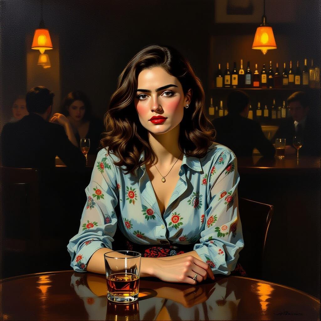 Melancholic Woman at Bar in Edward Hopper Style