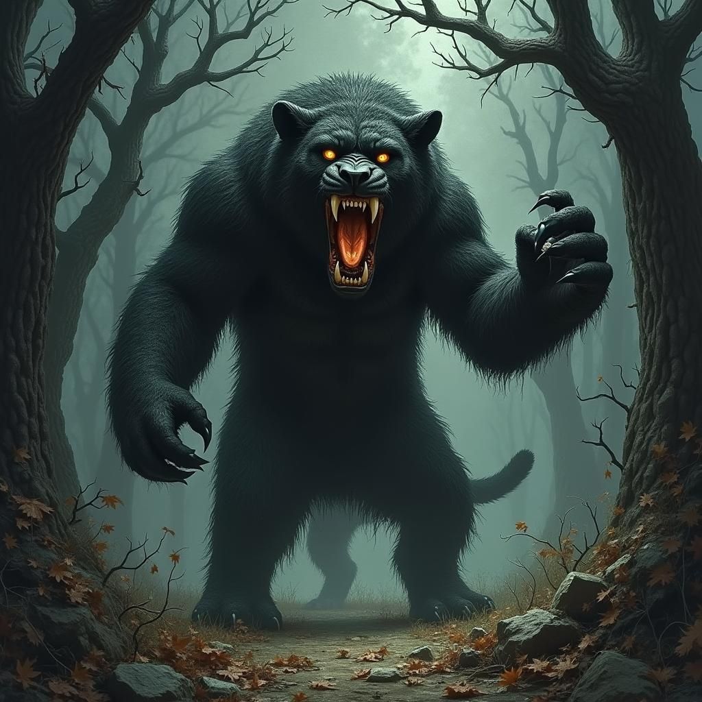 Terrifying Panther-Bear Hybrid Attacks in Gothic Ruins