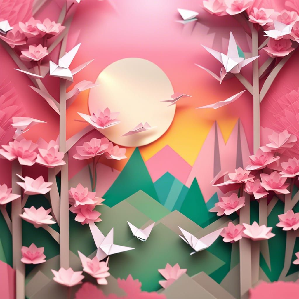 Origami Cherry Blossom Sunset in Papercraft Style