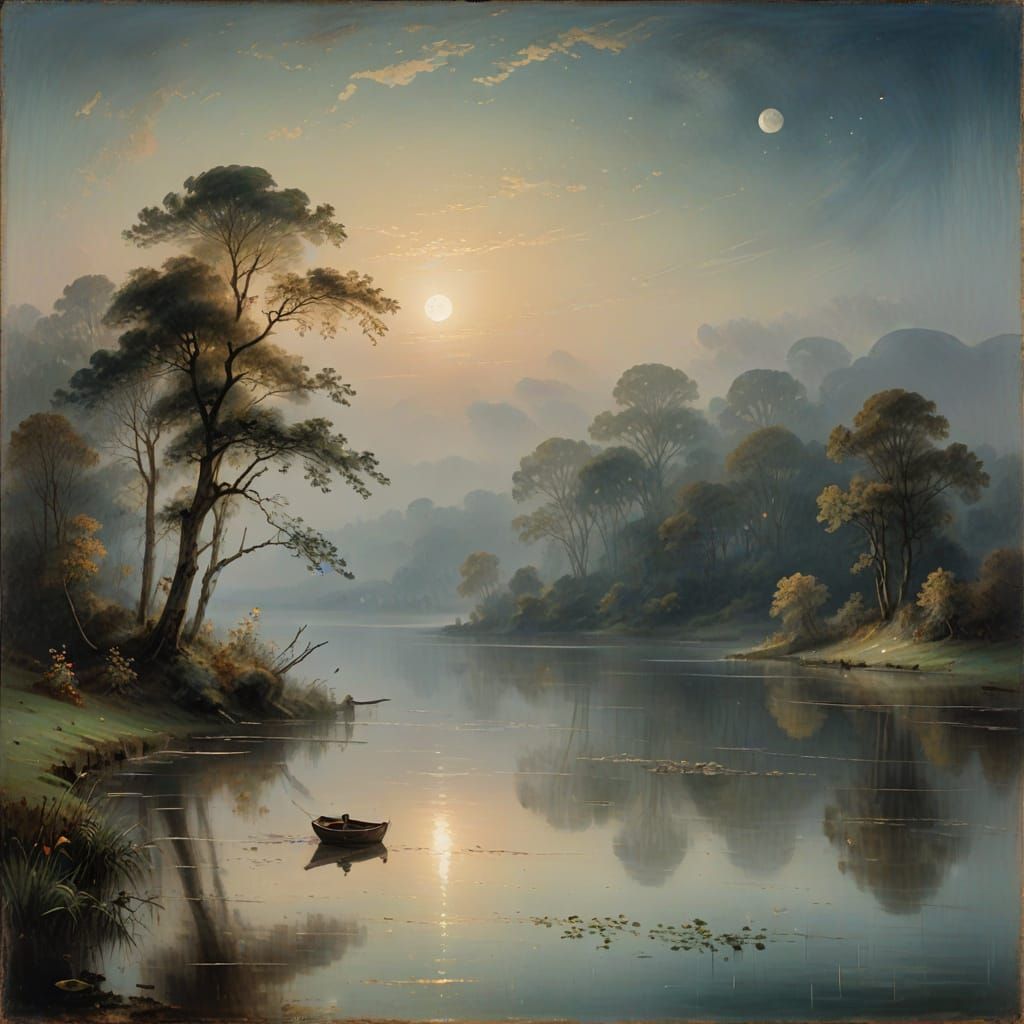 Ethereal Moonlit Lake Landscape in Romantic Style