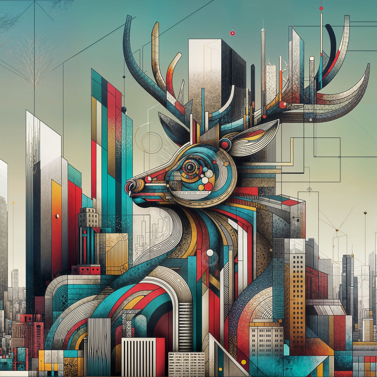 Antlered Creature in Cityscape: Pop Art Screen Print