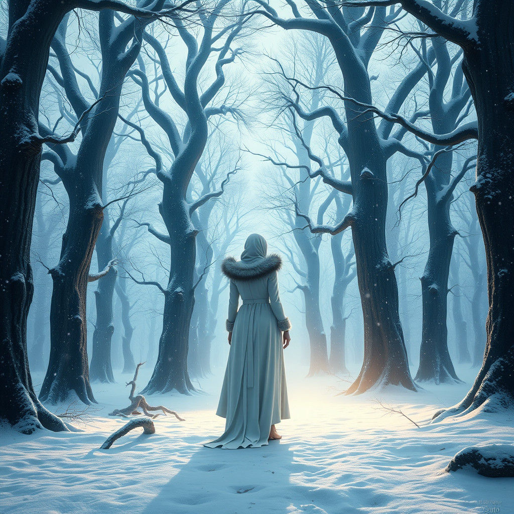 Mystical Snow Forest Woman in Detailed Matte Painting