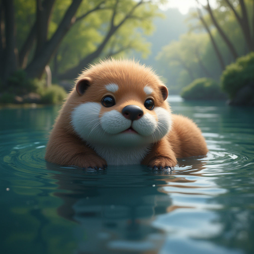 Fluffy Otter Floating in River: Detailed Matte Painting