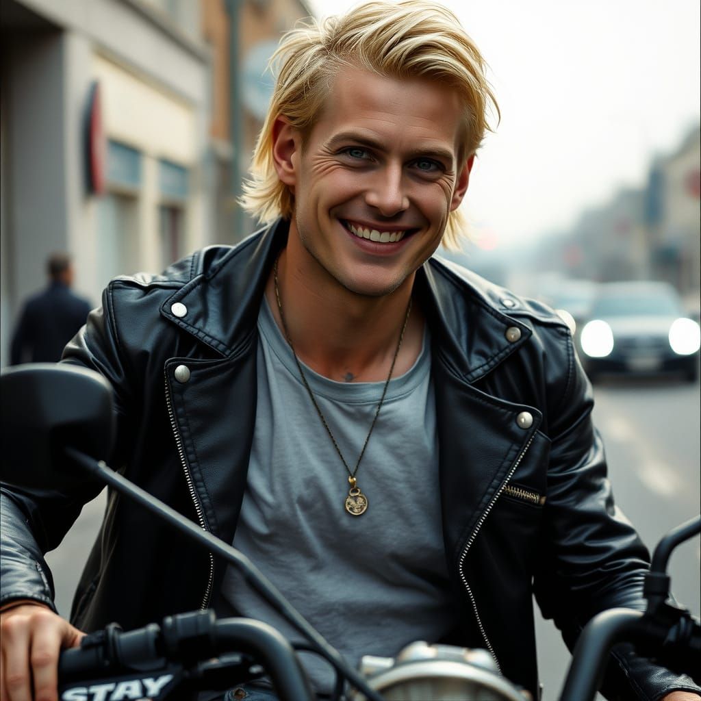 Smiling Blond Man on Motorcycle in Cinematic Street Scene