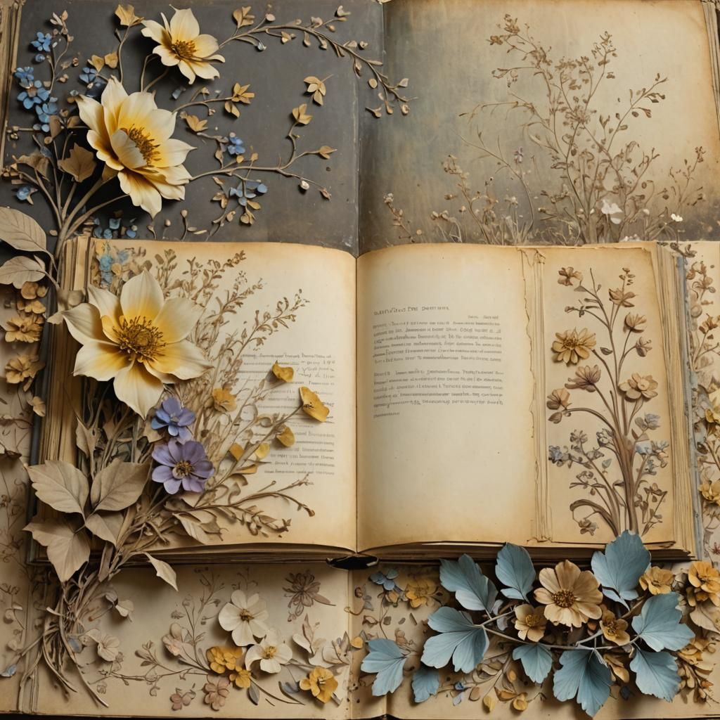 Vintage Book with Floral Page in Pastel Colors