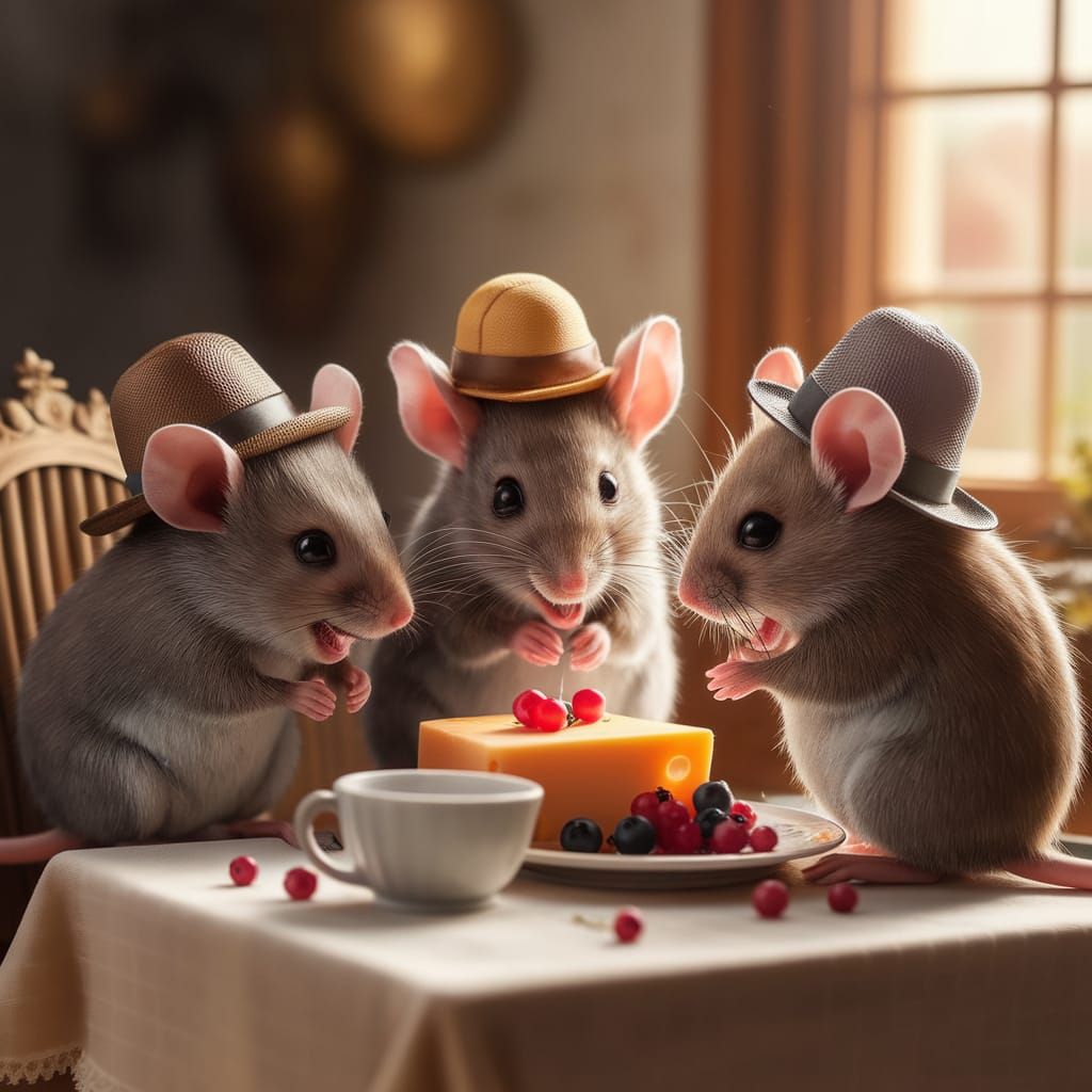 Three Adorable Mice in Tiny Hats Enjoying Breakfast