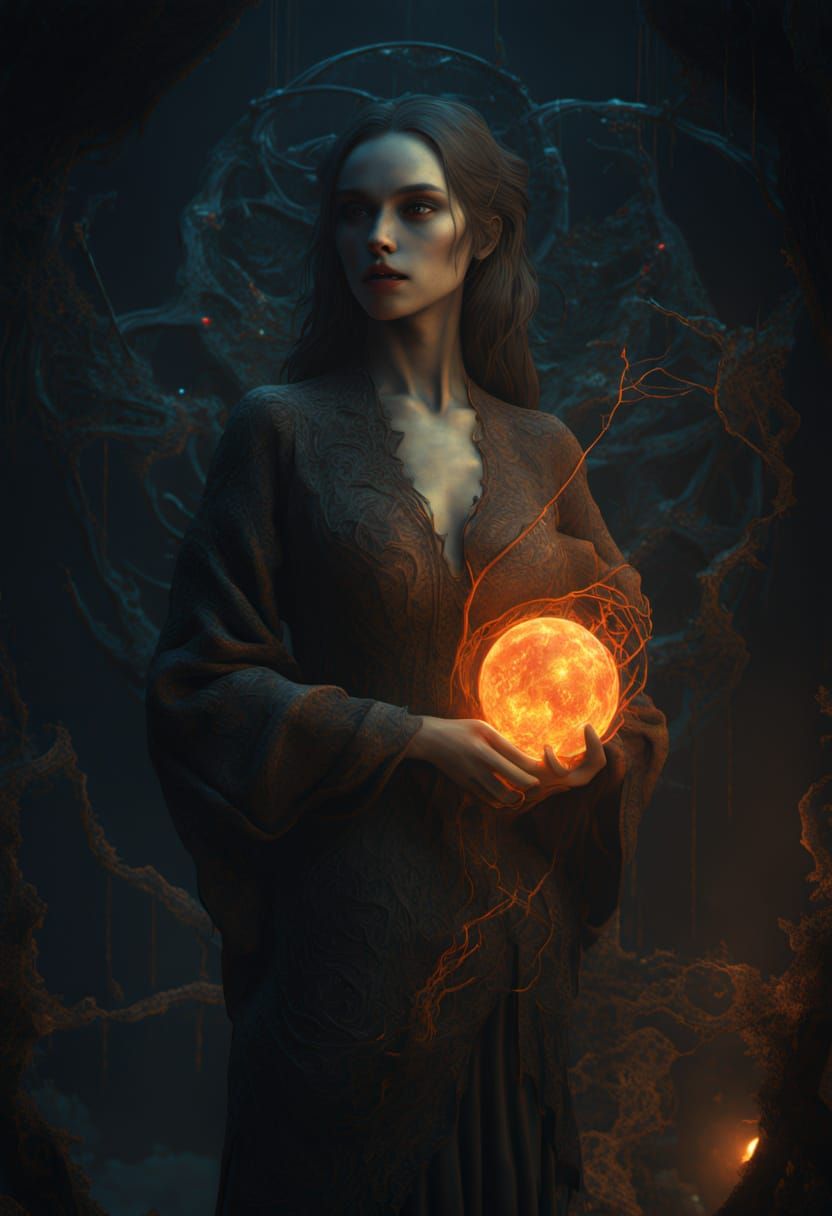 Surreal Woman on Data Bridge in Psychedelic Fractal Canyon