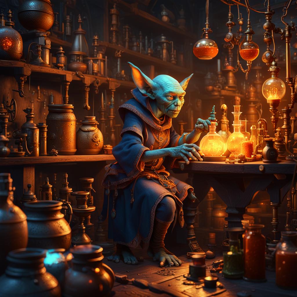 Female Goblin Alchemist in Fantasy Laboratory