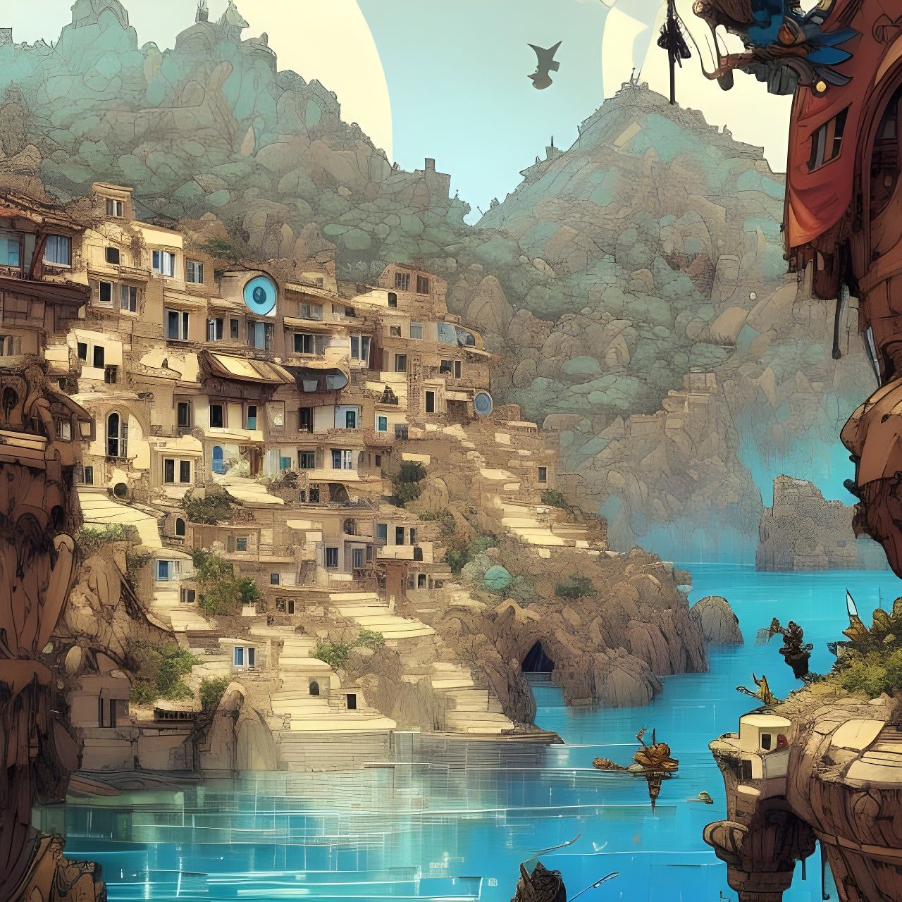 Greek Coastal Village in 3D Comic Style