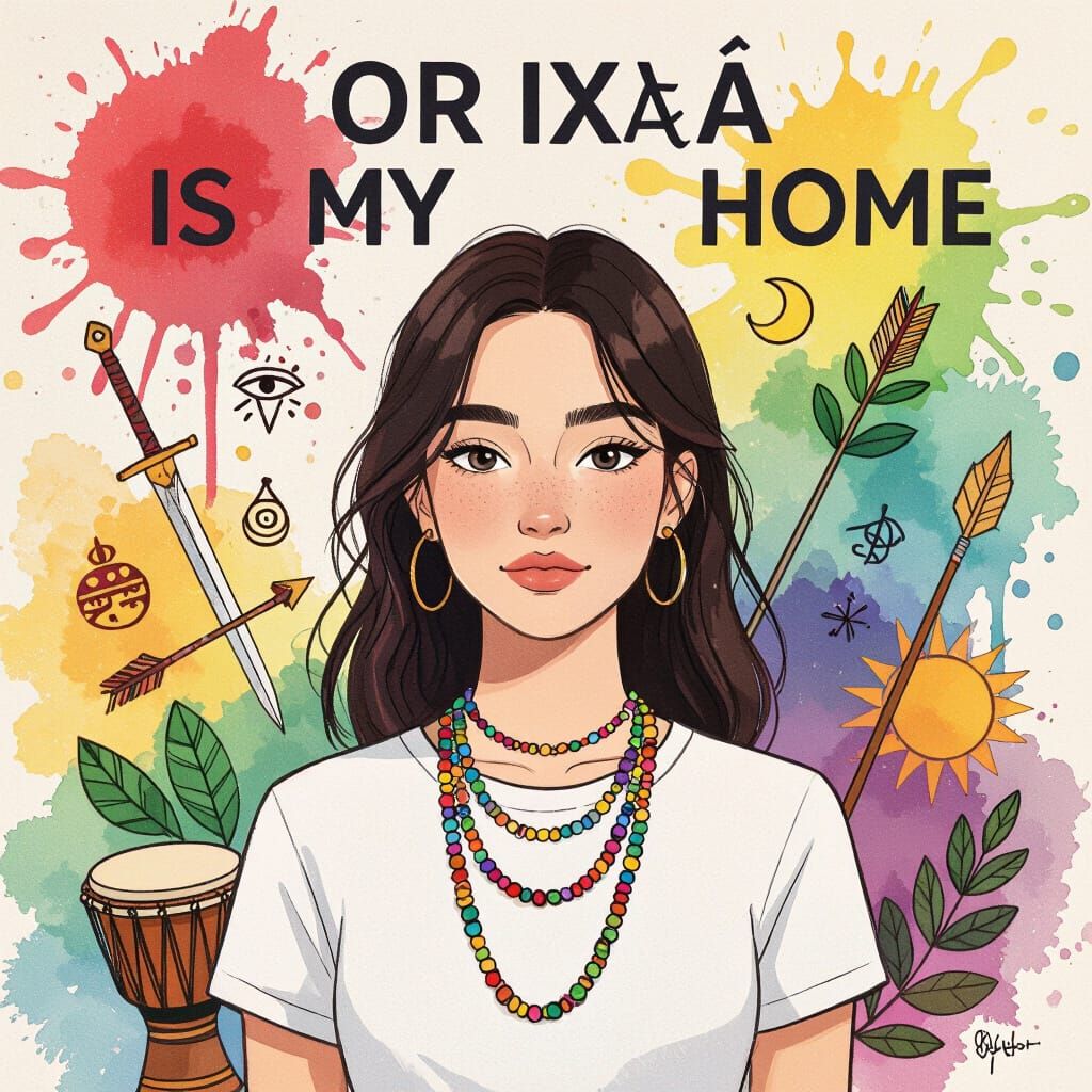 Young Woman with Orisha Symbols in Watercolor Style