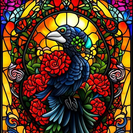Gothic Art Nouveau Raven in Stained Glass Style