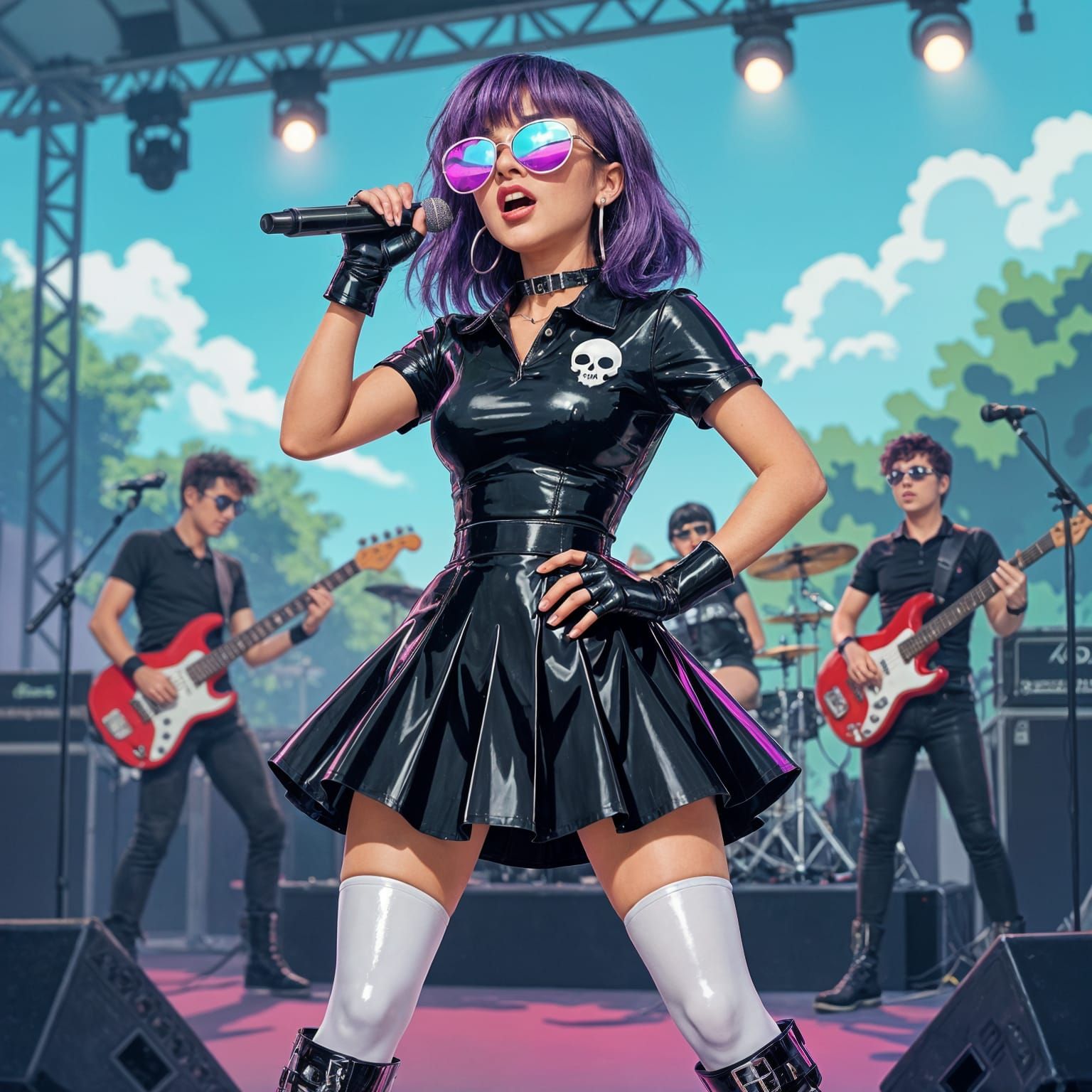 Purple Haired Singer in Latex Dress on Stage