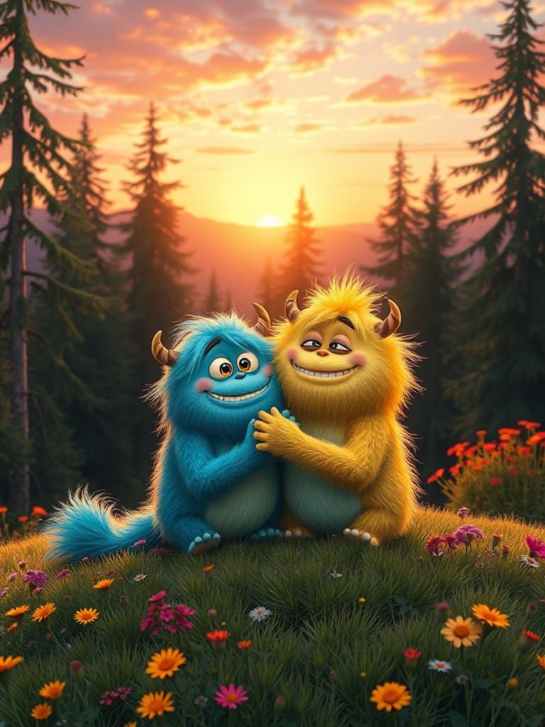 Fluffy Monster Friends Bask in Sunset Harmony