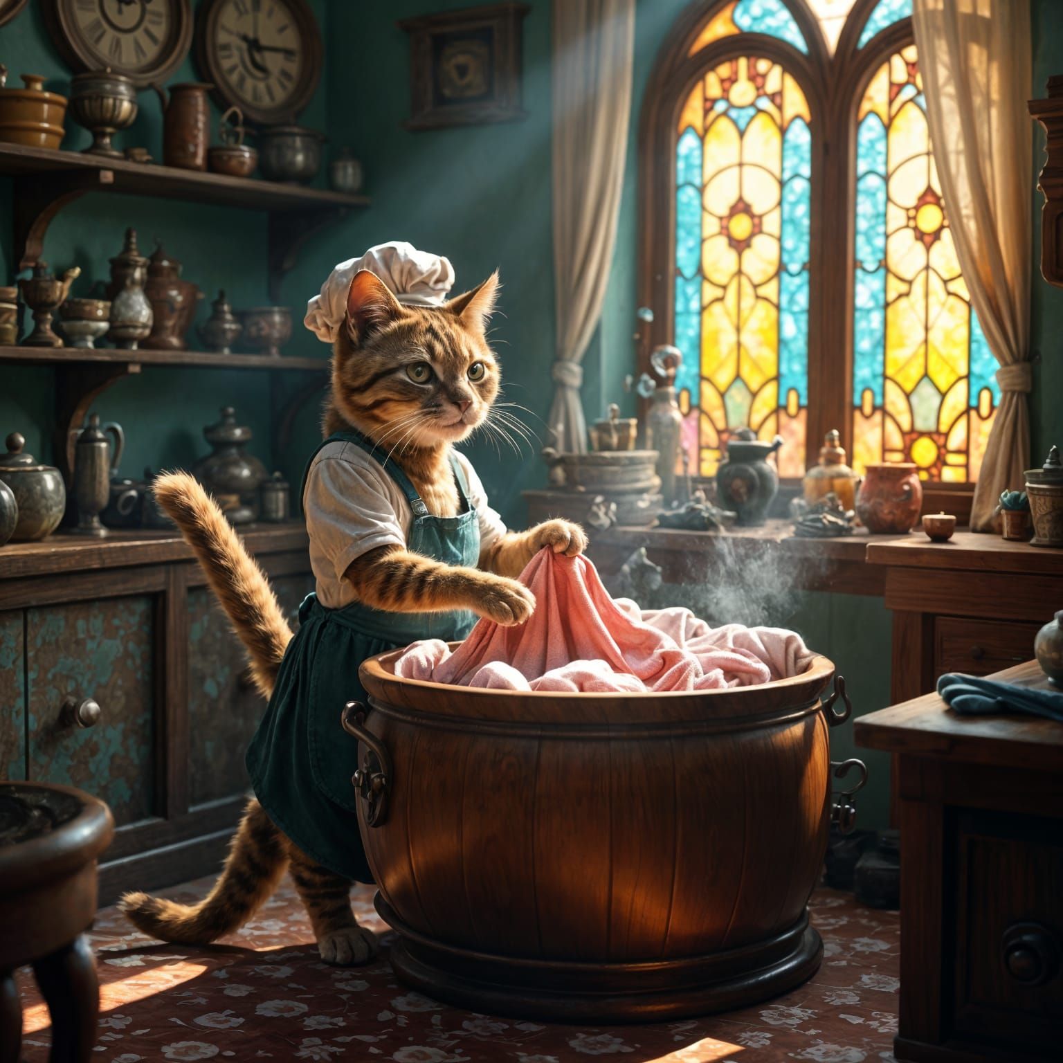 Fantastical Cat Does Laundry: Detailed Digital Painting