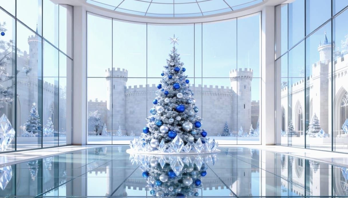 Elegant Blue and Silver Christmas Tree in Castle Interior