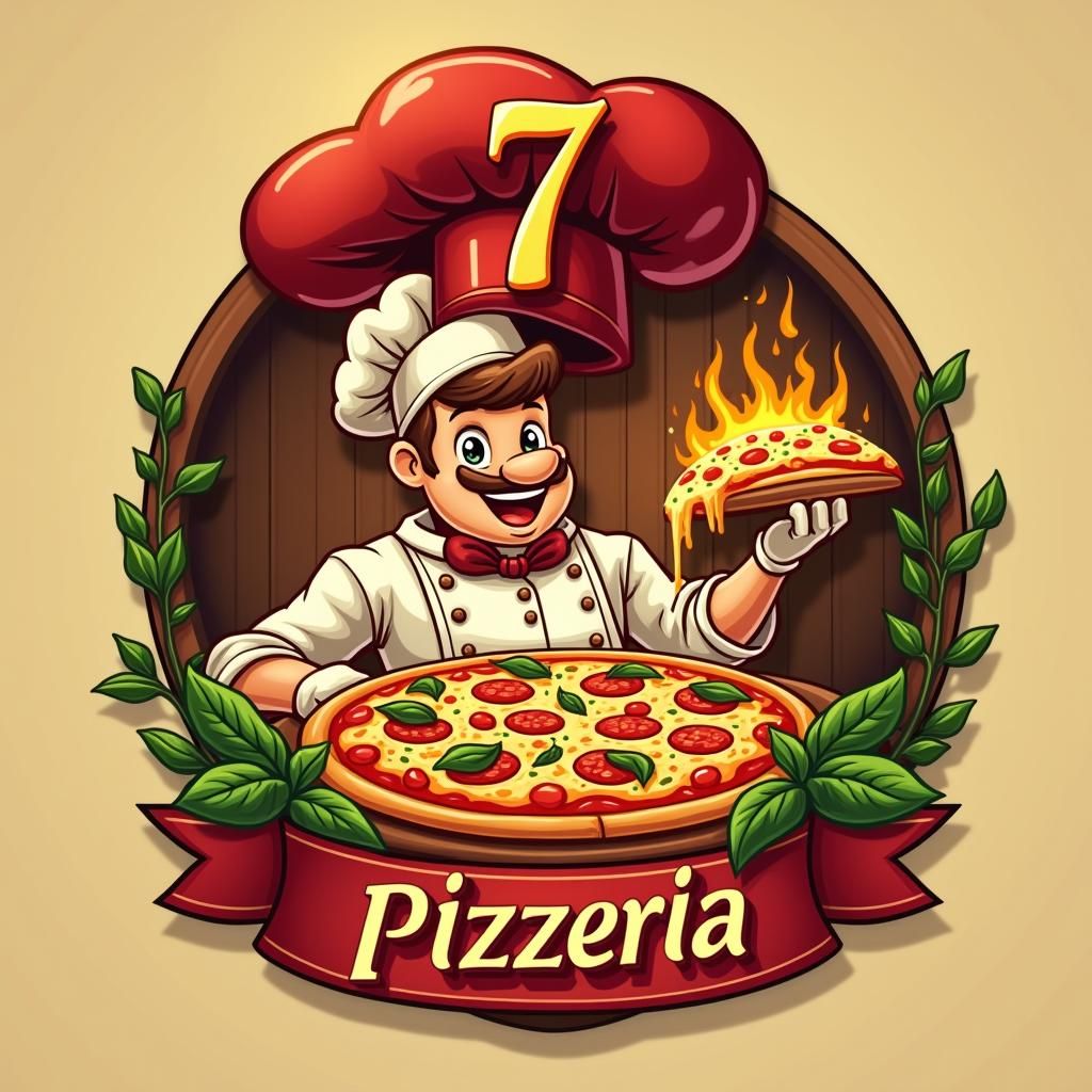 Whimsical Pizzeria Logo with Chef and Pizza