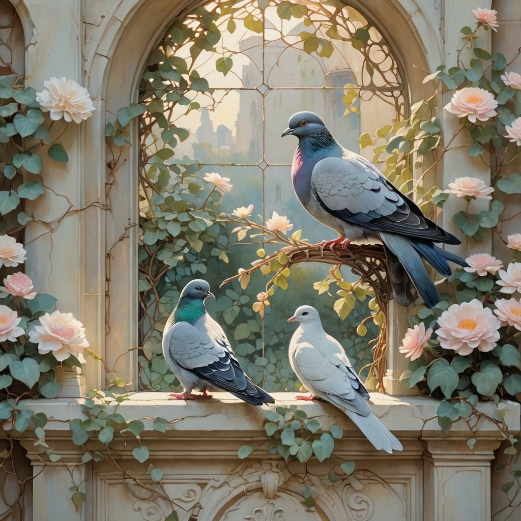 Pigeon and Dove in Dreamy Watercolor Style