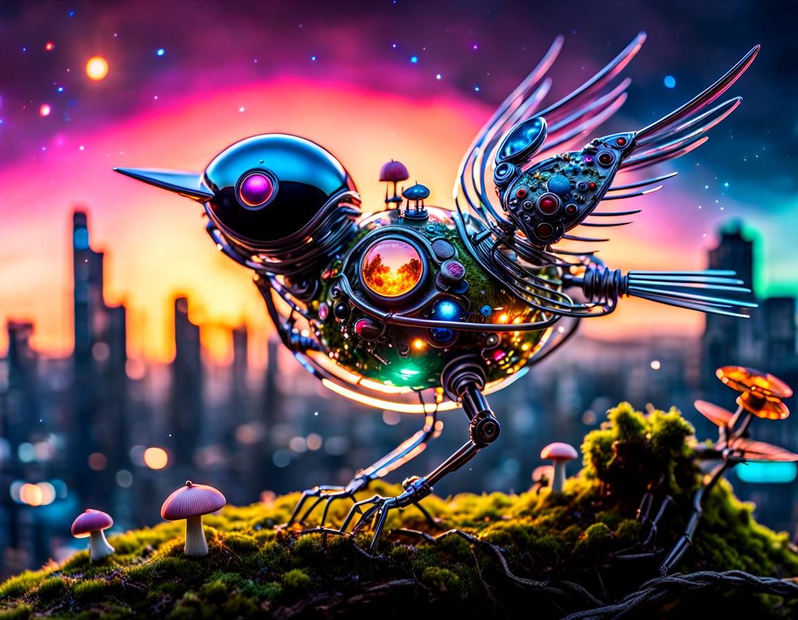 Cyberpunk City in Glass Bird, Sci-Fi Art