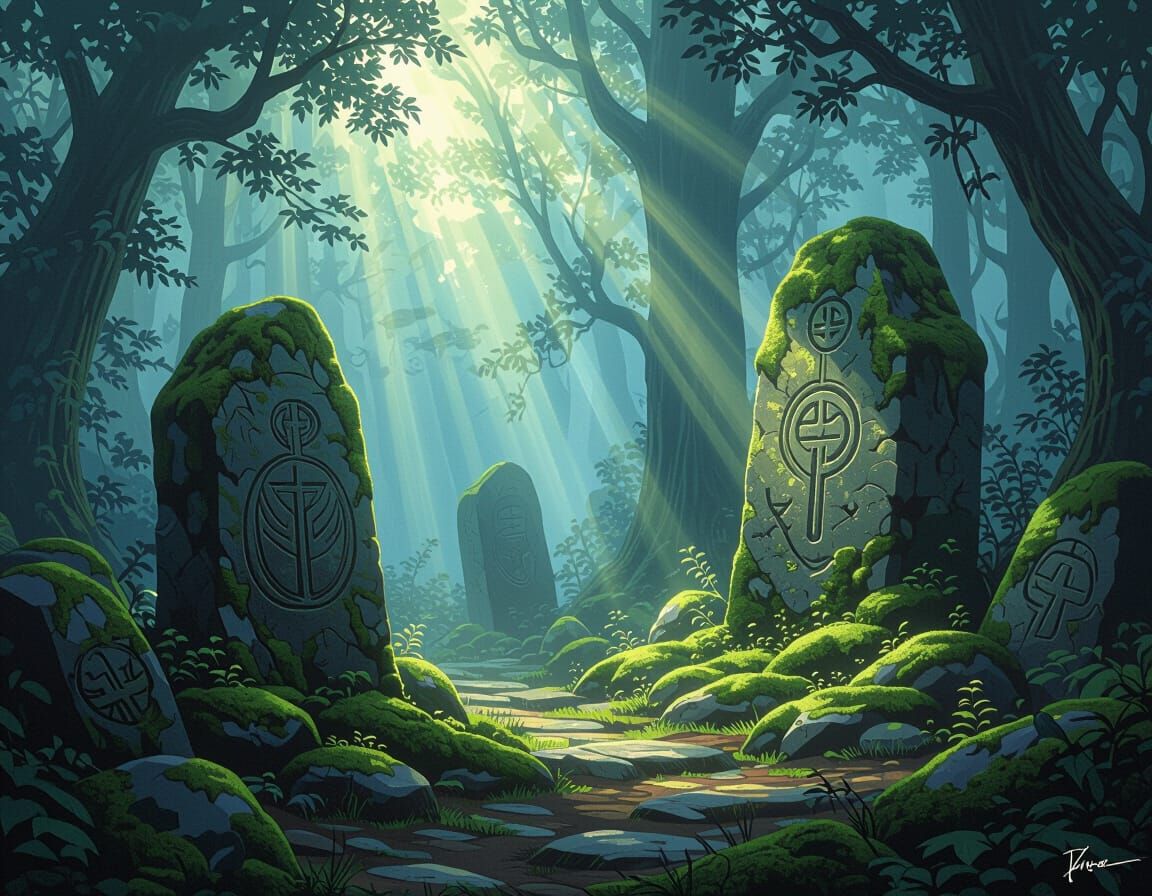 Mystical Forest: Ancient Stones and Shimmering Light