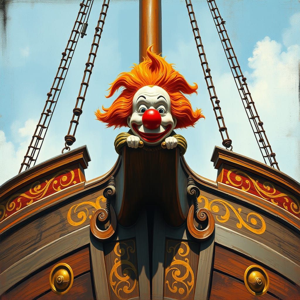 Majestic Warship with Golden Crowned Clown Figurehead